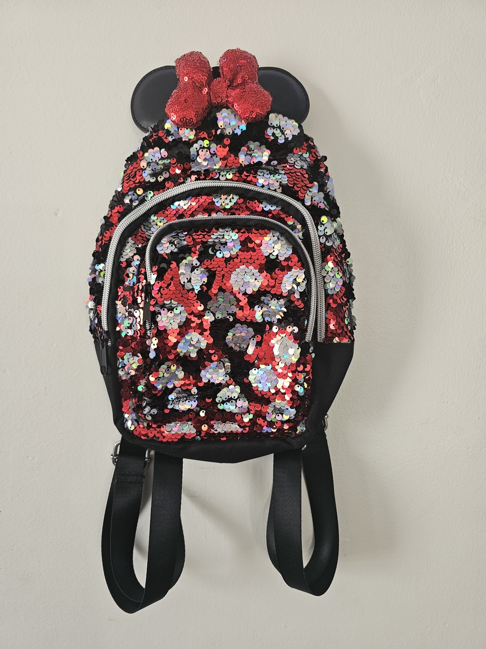 Sequin Mini Backpack with Red Bow Accent